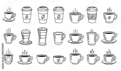 Hand drawn coffee cups doodle vector set with espresso cappuccino mugs and cafe drink outline icons
