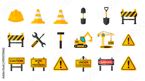 Safety and Build Icons: Creative Collection of Construction Equipment Graphic Elements