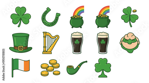 Set of St. Patrick's Day Icons including shamrocks, a leprechaun hat, a harp, a horseshoe, a pot of gold, and an Irish flag, perfect for festive designs