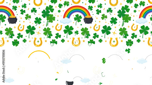 St. Patrick's Day seamless pattern with shamrocks, rainbows, and pots of gold, perfect for festive designs and decorations