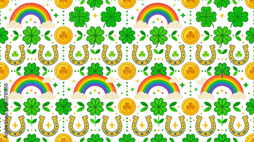 Lucky Irish seamless pattern with shamrocks, horseshoes, and rainbows, perfect for St