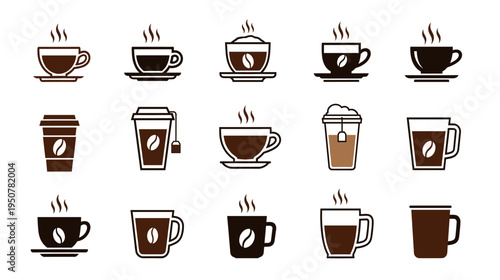Collection of icons and symbols with a coffee theme