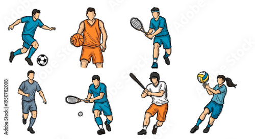Dynamic cartoon illustration of various athletes engaged in different sports activities
