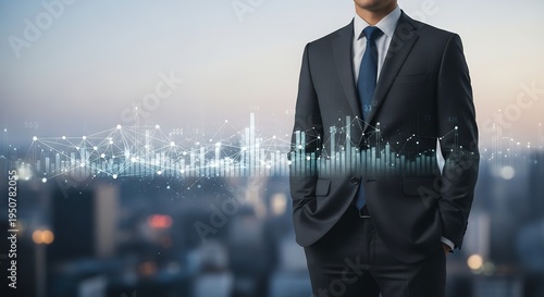 A businessman standing confidently with futuristic digital overlay of data and cityscape
