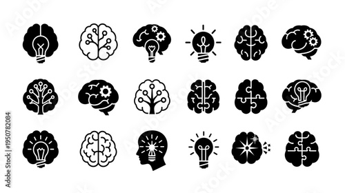 Collection of Brain and Idea Icons: Symbolizing Thought Creativity and Solutions