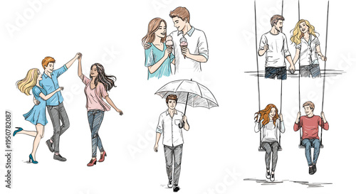 Illustration depicting various couples in daily life scenes 