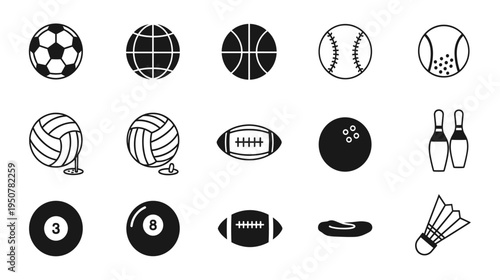 Minimalist Black Set of Various Sport Equipment Vector Icons