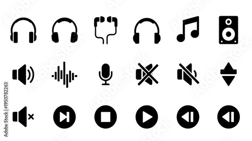 Set of black contemporary audio and music interface icon collection