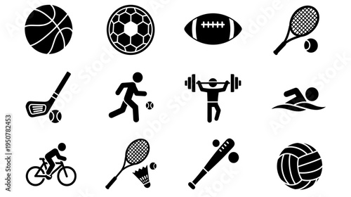 Collection of sport icons including various equipment and athlete silhouettes for design
