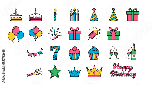 Vibrant celebration icons: gifts party hats cake candles and festive elements