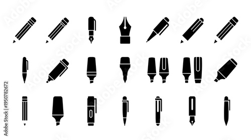 Collection of various writing and drawing tool icons for creative illustration