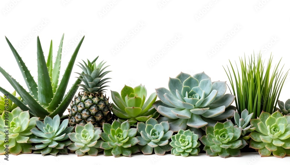 Obraz premium Assortment of Succulents and Aloe Vera Plant with Pineapple and Grass on White Background