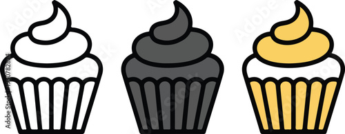 Minimalist Cupcake Icon Set Showing Line Art, Dark Gray, and Yellow Frosting Dessert Illustration in Clean Vector Style