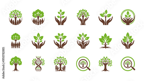 Set of Nature-Inspired Logos Featuring Trees Leaves Hands and DNA Elements for Ecology