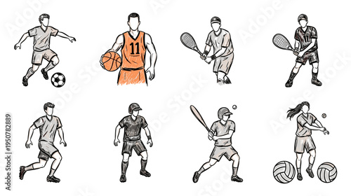 Dynamic Hand-Drawn Sketch Collection of Various Athletes in Action - Sport Concept