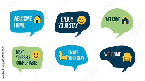 Set of speech bubble illustrations with welcoming and comforting messages