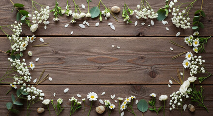 Rectangular frame borders a dark wooden plank surface using a dense collection of white flowers, green leaves, and small smooth stones for texture.