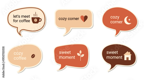 Collection of Speech Bubbles with Coffee and Cozy Home Themes for Communication