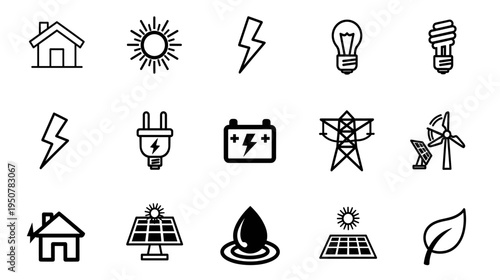Clean energy and electricity icons set: solar wind and atomic power symbols