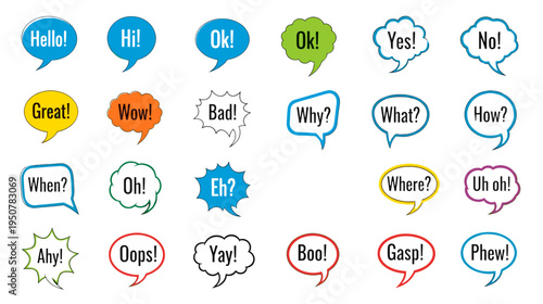 Vibrant speech bubbles with common exclamations and questions 