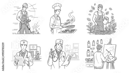 Collage of diverse professional people engaged in their work Careers illustration set