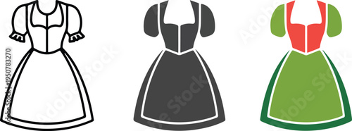 Minimalist German Dirndl Dress Illustration Set Showing Line Art, Silhouette, and Traditional Red and Green Folk Costume Vector