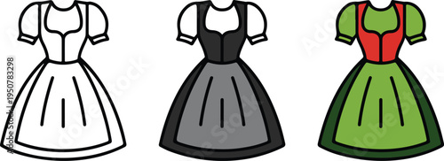 Minimalist German Dirndl Dress Illustration Set Showing Line Art, Silhouette, and Traditional Red and Green Folk Costume Vector