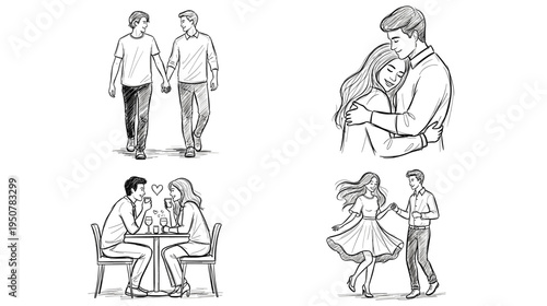 Set of black illustrations depicting various stages and moments of a couple's love