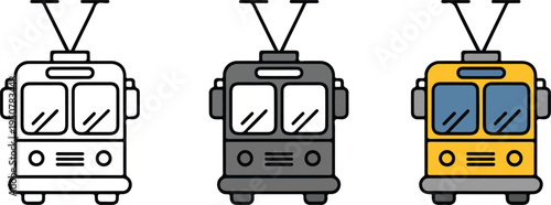 Minimalist Tram Front View Icon Set Showing Line Art, Gray Silhouette, and Yellow Public Transport Vector Illustration