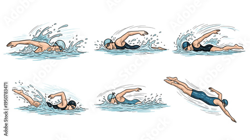 Dynamic Hand-Drawn Collection of Swimmers Diving and Stroke Movements in Water