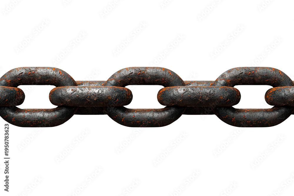 Fototapeta premium Close-up of a damaged industrial chain with rust and corrosion, symbolizing power, bondage, and endurance, on a transparent background