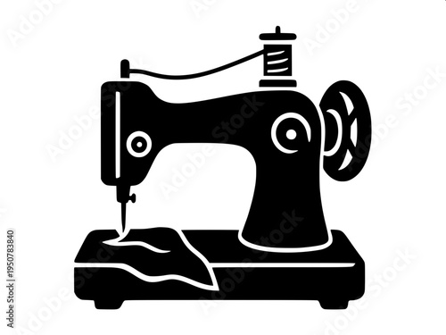 Minimal black silhouette icon of a vintage sewing machine with curved arm and hand wheel, flat vector design, solid black shape, isolated on white background.