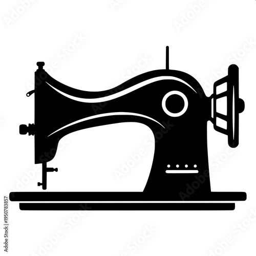 Minimal black silhouette icon of a vintage sewing machine with curved arm and hand wheel, flat vector design, solid black shape, isolated on white background.