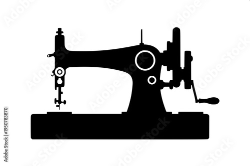 Minimal black silhouette icon of a vintage sewing machine with curved arm and hand wheel, flat vector design, solid black shape, isolated on white background.