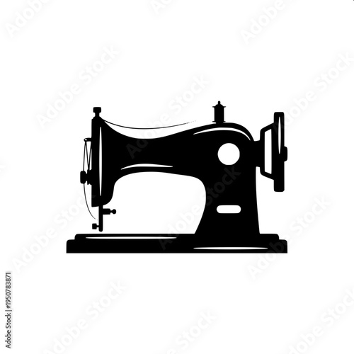 Minimal black silhouette icon of a vintage sewing machine with curved arm and hand wheel, flat vector design, solid black shape, isolated on white background.