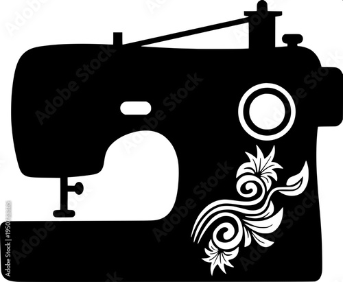 Minimal black silhouette icon of a vintage sewing machine with curved arm and hand wheel, flat vector design, solid black shape, isolated on white background.
