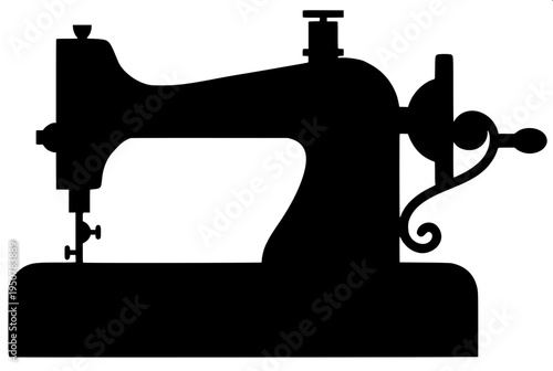 Minimal black silhouette icon of a vintage sewing machine with curved arm and hand wheel, flat vector design, solid black shape, isolated on white background.