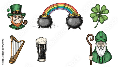 Collection of Hand-Drawn Saint Patrick Day Symbols: Leprechauns Clover Gold and More