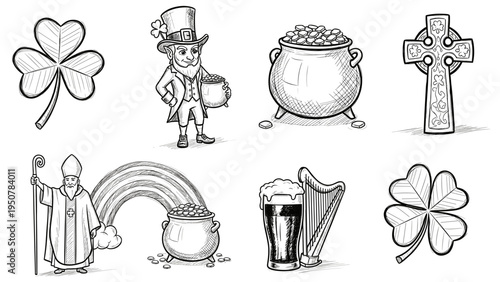 Collection of traditional Irish symbols hand-drawn in a simple black style