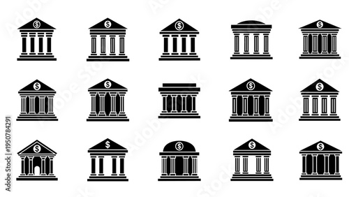 A set of conceptual black icons representing bank buildings for the financial and economic sector