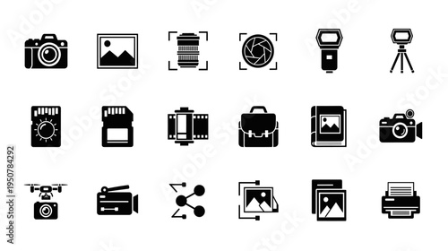 Complete set of black and white photography and videography icons