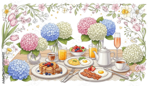 A beautifully set breakfast table with flowers and delicious food