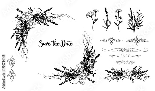 A set of elegant floral illustrations and decorative elements for wedding invitations