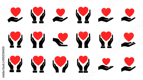 Collection of Icons Illustrating Hands Giving Receiving and Holding Red Hearts