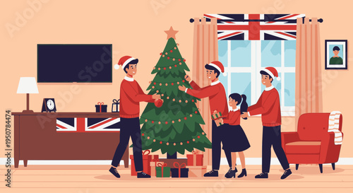 Illustration of a family decorating a Christmas tree together in a cozy living room with a British flag, warm colors, and festive atmosphere.