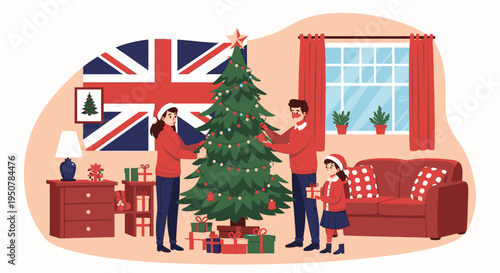 Illustration of a family decorating a Christmas tree in a cozy living room with a Union Jack flag on the wall.