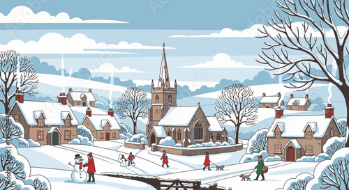 Illustration of a snowy village scene with people ice-skating, set against a backdrop of bare trees and a church steeple under a blue sky with white clouds.
