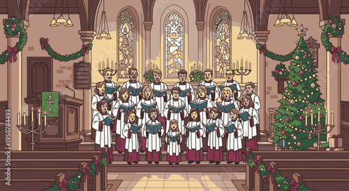 Digital illustration of a choir of children in white and green robes standing in the pews of a decorated church with a Christmas tree.