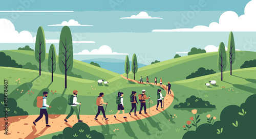 A group of people walking on a winding dirt path through a serene green landscape with trees, hills, and a cloudy sky.