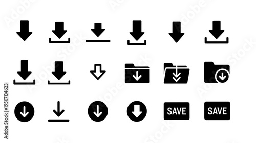 Collection of Black Arrow Folder and Save Icons for User Interface Design